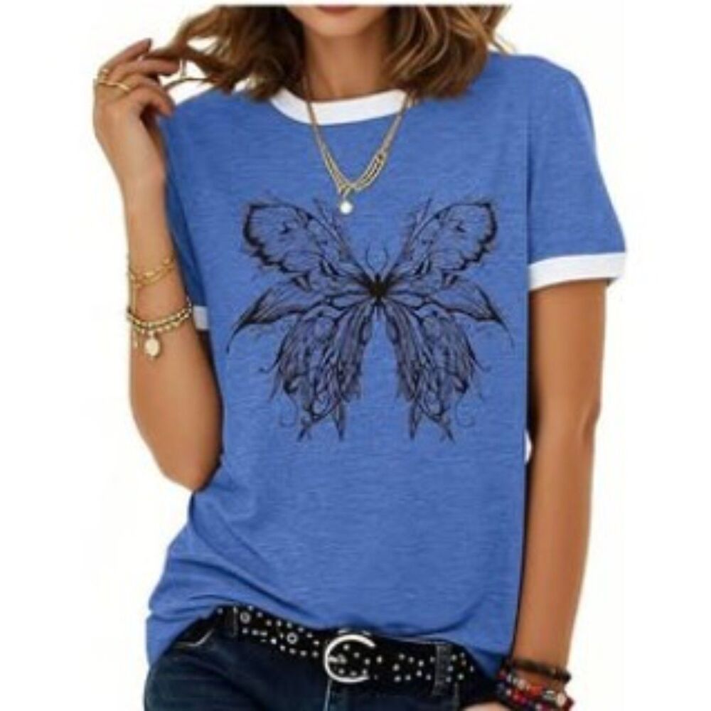 Butterfly Shirt - Heather Blue with White (Small)